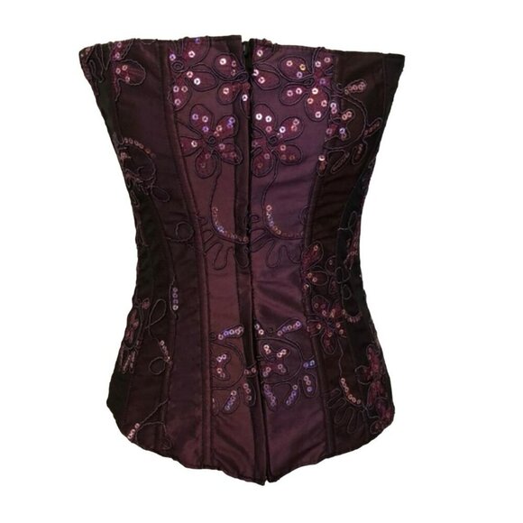 Purple Satin Floral Embroidered Corset With Sequins & Lace-Up Back Design Medium - Picture 1 of 14